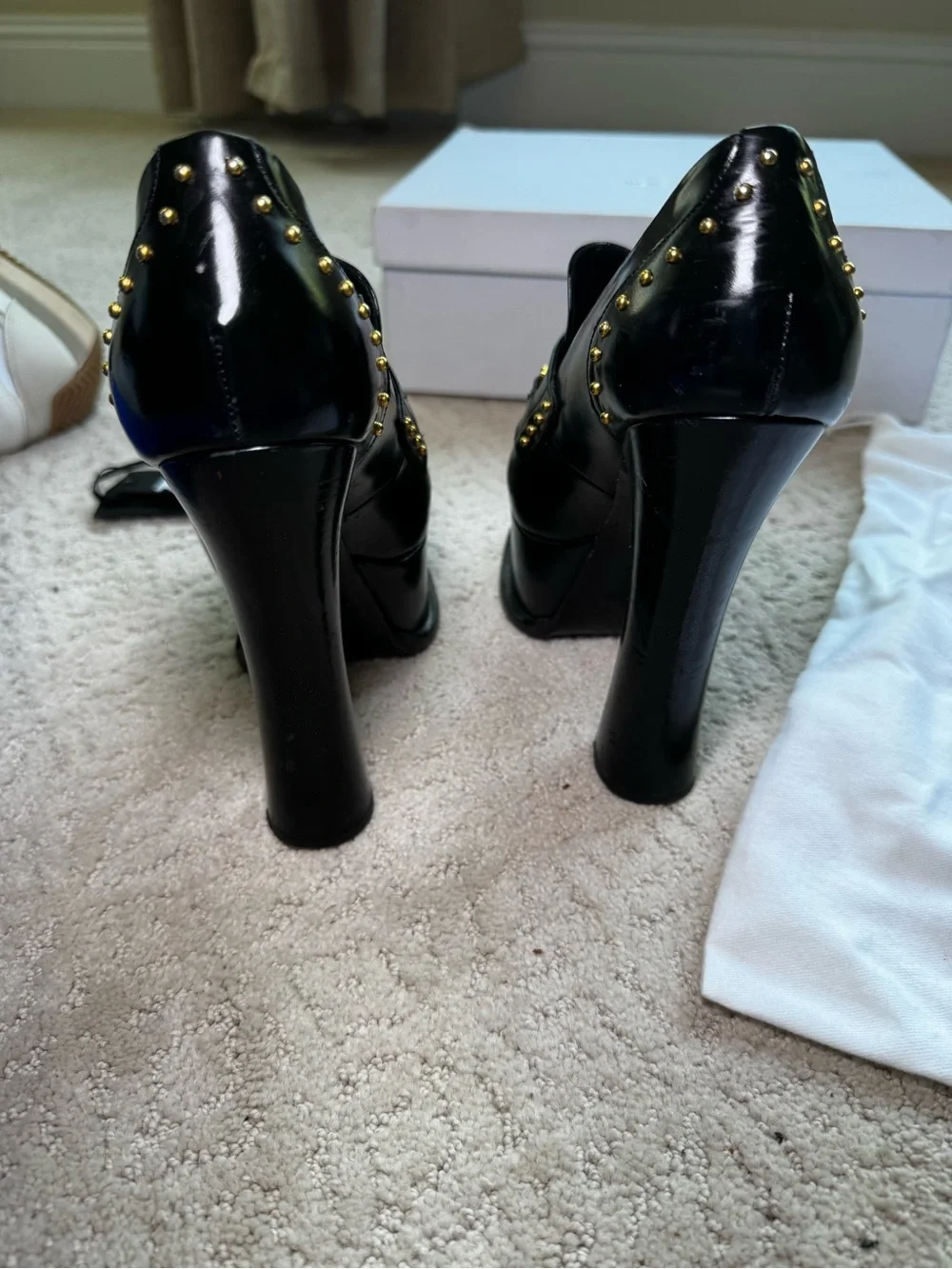 Versace Black Platform Gold Studded Loafer Platform Heels with Medallion